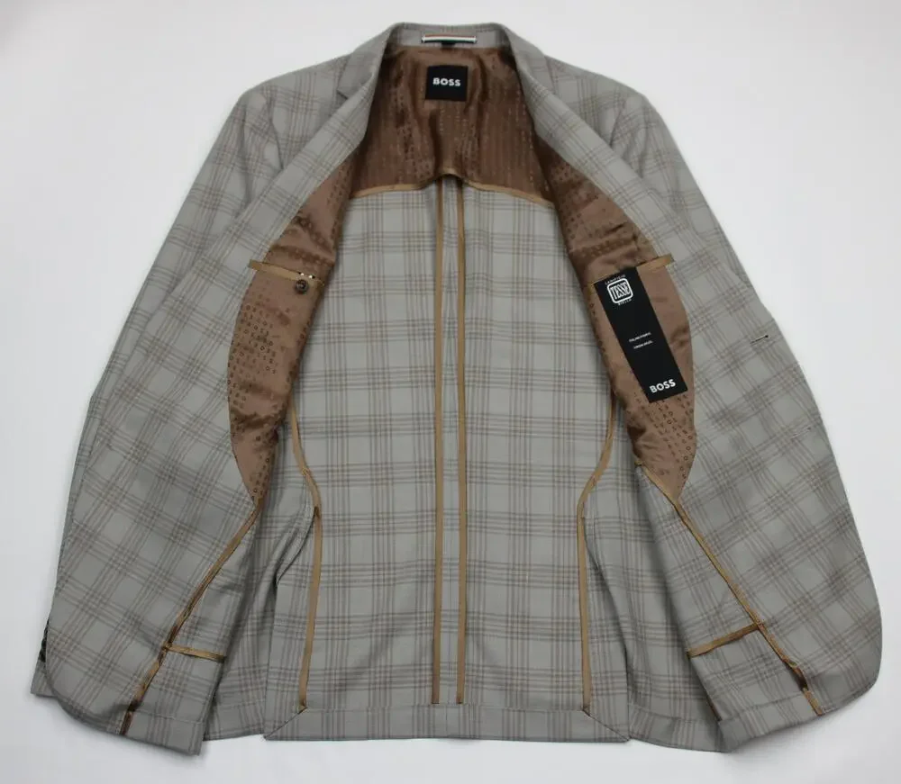 Hugo Boss H-Hutson-233 Blazer Mens 44 L Beige Plaid Wool Slim Fit Sport Coat